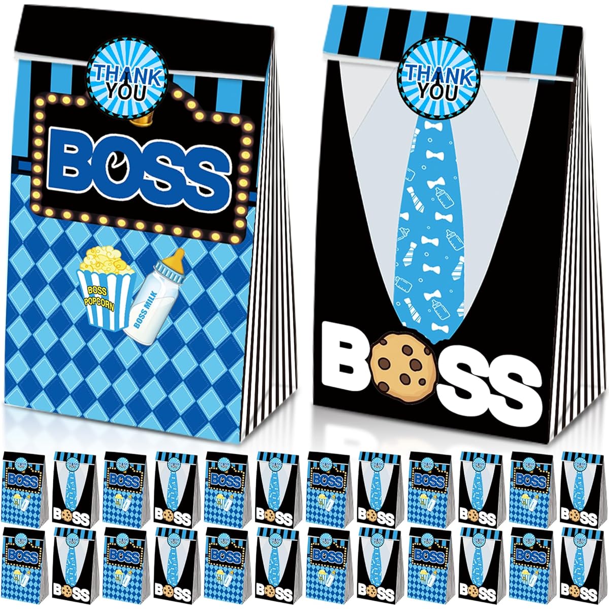 HAPPARTY BOSS Party Favor Bags 24pcs with 30pcs Stickers Boss Theme Birthday Party Decorations Boy Boss Birthday Party Supplies Boss Theme Goodie Bags