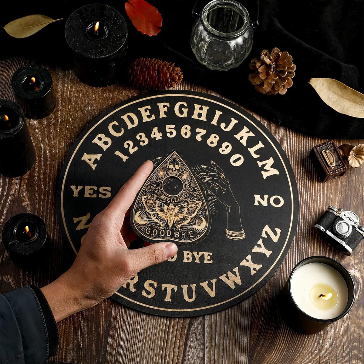 Keithwood 11.5" Black Ouija Board with Planchette Handmade Ouija Board Talking Board Game for Spirit Hunt Witchcraft Occult Practice - Hands Grab the Moon