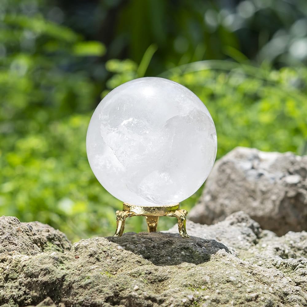 Crocon Clear Quartz Stone Ball, Gemstone Ball Healing Sphere Sculpture with Metal Stand Feng Shui Fortune Telling Figure Home Decoration Photo Crystal Sphere Size: 50-60 mm