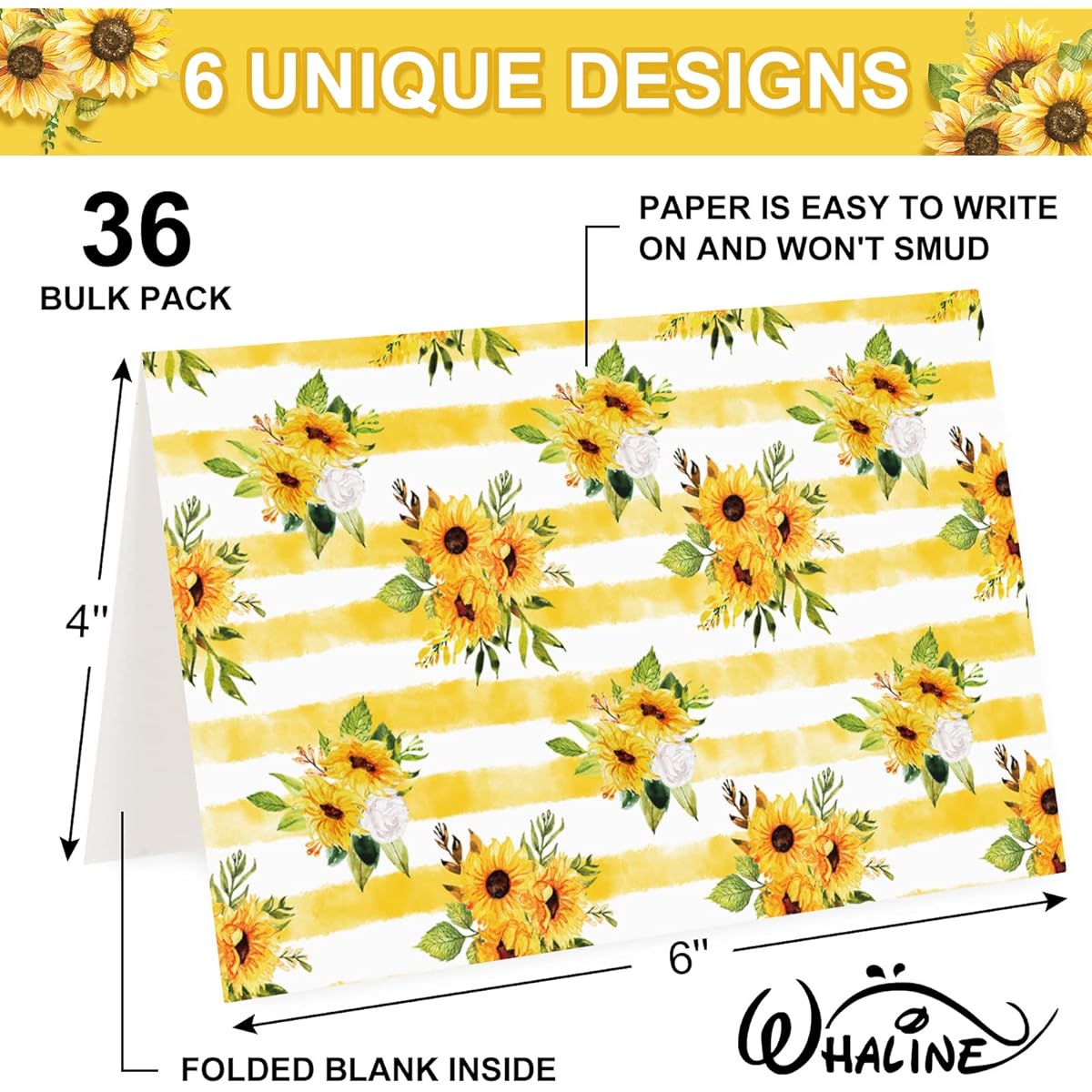 Whaline Sunflower Greeting Cards, Bulk Spring/Summer Flower Notes with Envelopes, Matching Stickers, Floral Blank Cards for Weddings, Bridals, Baby Showers, Birthday Parties, Pack of 36