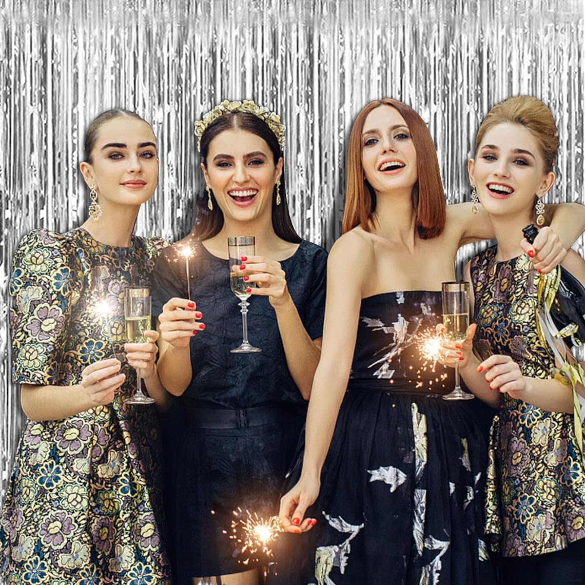 Silver Background Curtain Party Decorations Foil Fringe Backdrop Silver Tinsel Streamers for Birthday Bachelorette New Year Christmas Wedding Baby Shower Disco Party Decorations Pack of 2