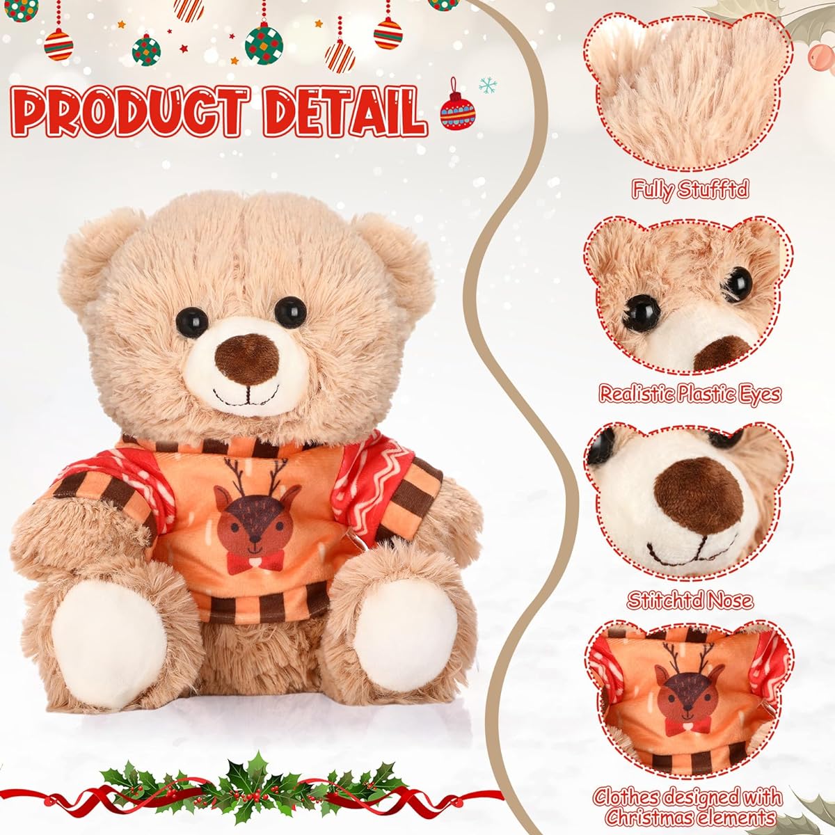 Hiboom Christmas Operation Stuffed Animals Bear Plush Toys, Set of 8 Stuffed Bears with Removable Clothes, 10 Inch Cuddly Soft Bears, Brown Christmas Bear Plush Toys for Kids, Baby Shower, Christmas, Wedding, Birthday Party