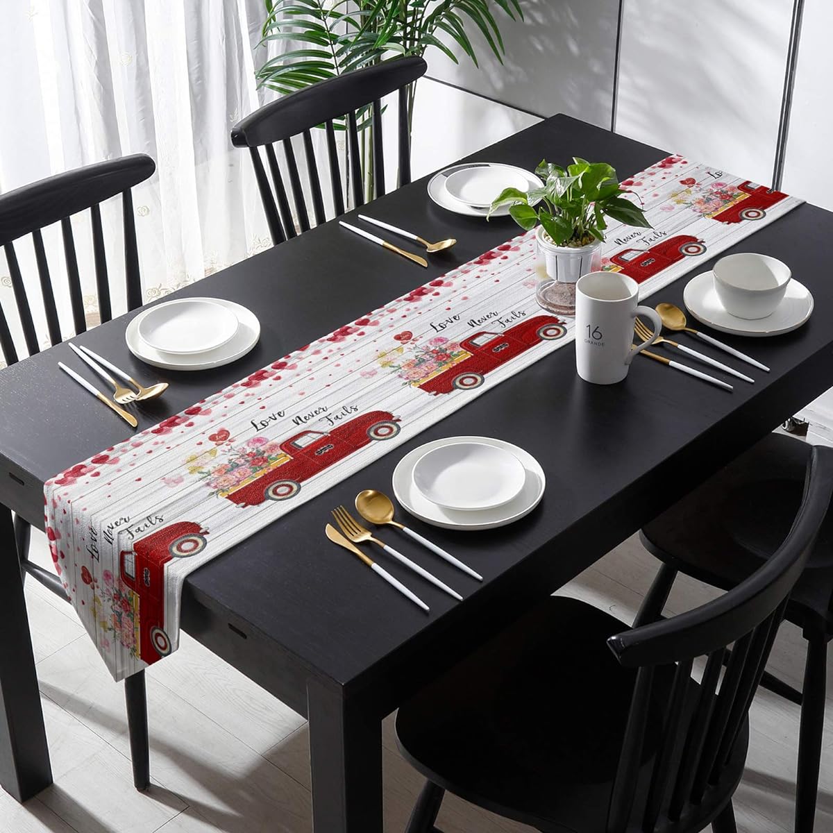 Triangle Table Runner for Party/Wedding, Happy Valentine's Day Red Truck with Roses on Retro Wood Board, Cotton Linen Cover Desk Flag for Dining Room/Kitchen, 13*90in=33*229cm