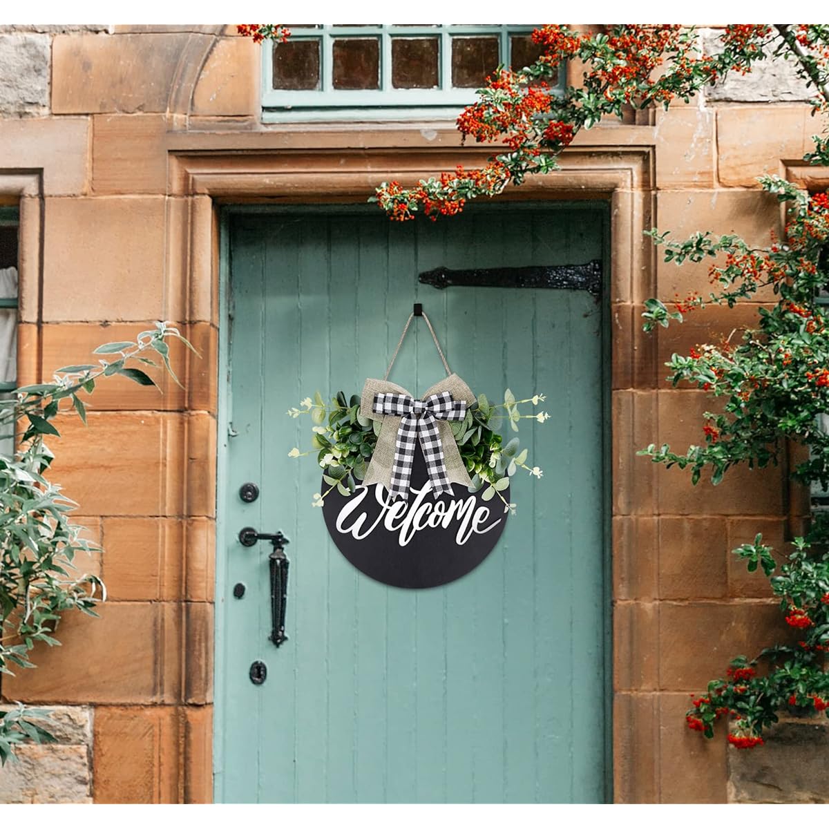 Welcome Sign for Front Door, Farmhouse Wooden Wreath, Hanging Sign for Front Door and Porch, Holiday Home Wall Decoration, Black