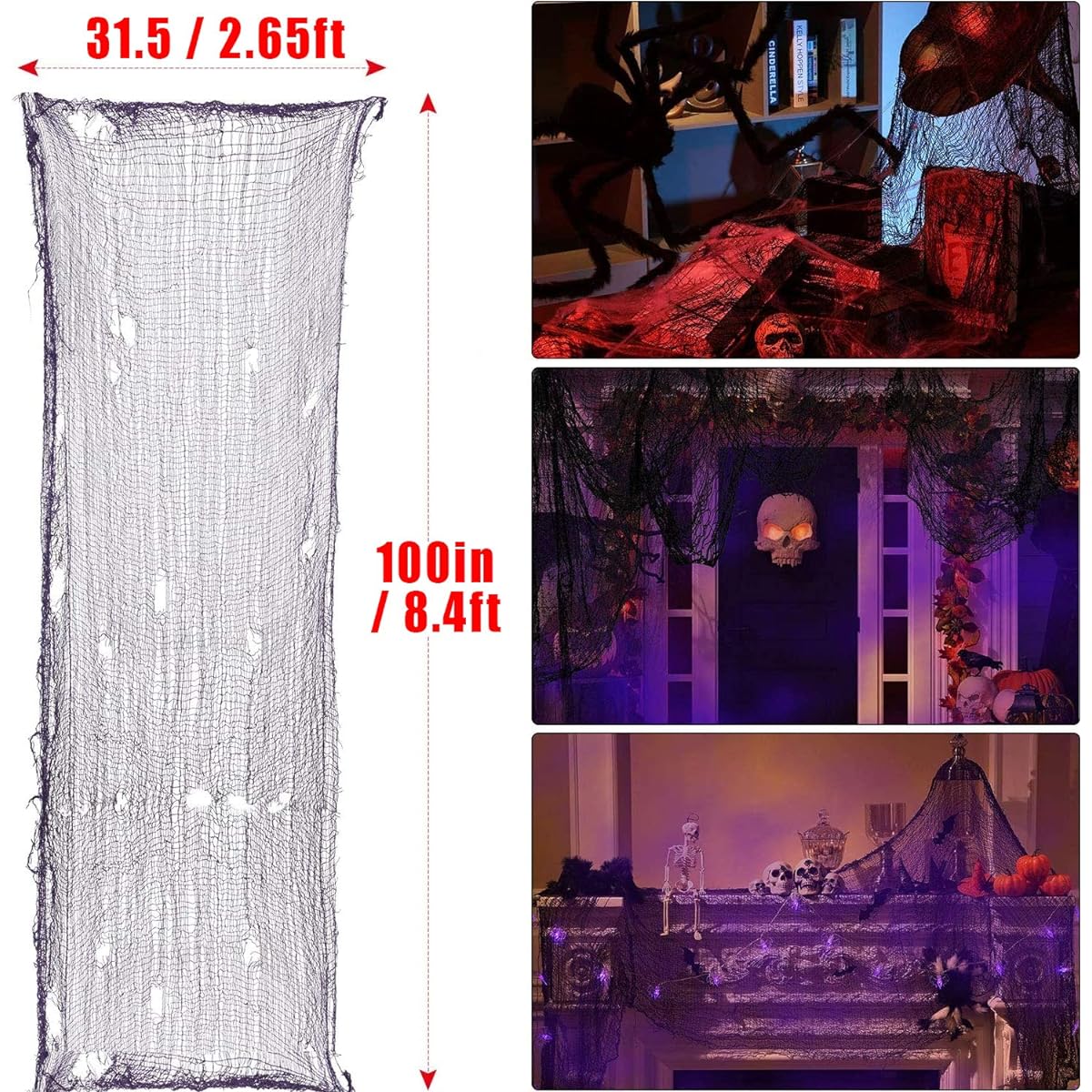 100 x 31.5 Inch Halloween Spooky Cloth, 5 Pack Halloween Fabric Decorations Creepy Gauze Cloth for Outdoor Party Supplies Haunted House Patio Garden Indoor Windows (Black+Purple+Blood+White)