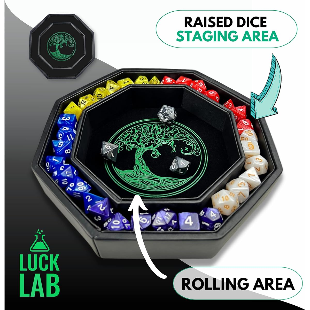 Luck Lab 8" Green Dice Tray with Lid and Dice for RPG Tabletop Games - Tree of Life Design