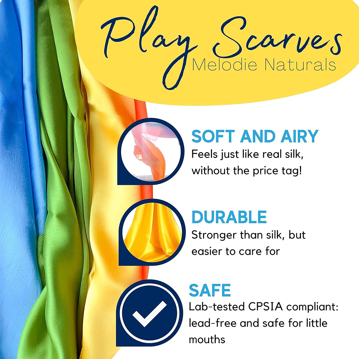 Play Scarves - Set of 4 Vegan Play Silks - Creative Montessori and Waldorf Education and Homeschool - Yellow, Pink, Blue, Green