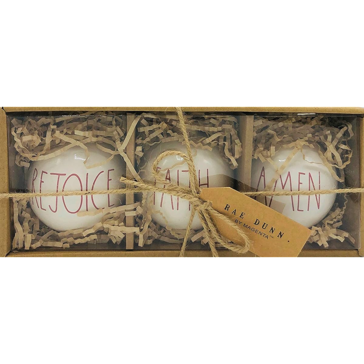 Rae Dunn White Ball Christmas Ornaments, Set of 3, Rejoice Faith Amen Ceramic Holiday Ornaments for Christmas Tree with Red Plaid Hanging Ribbon