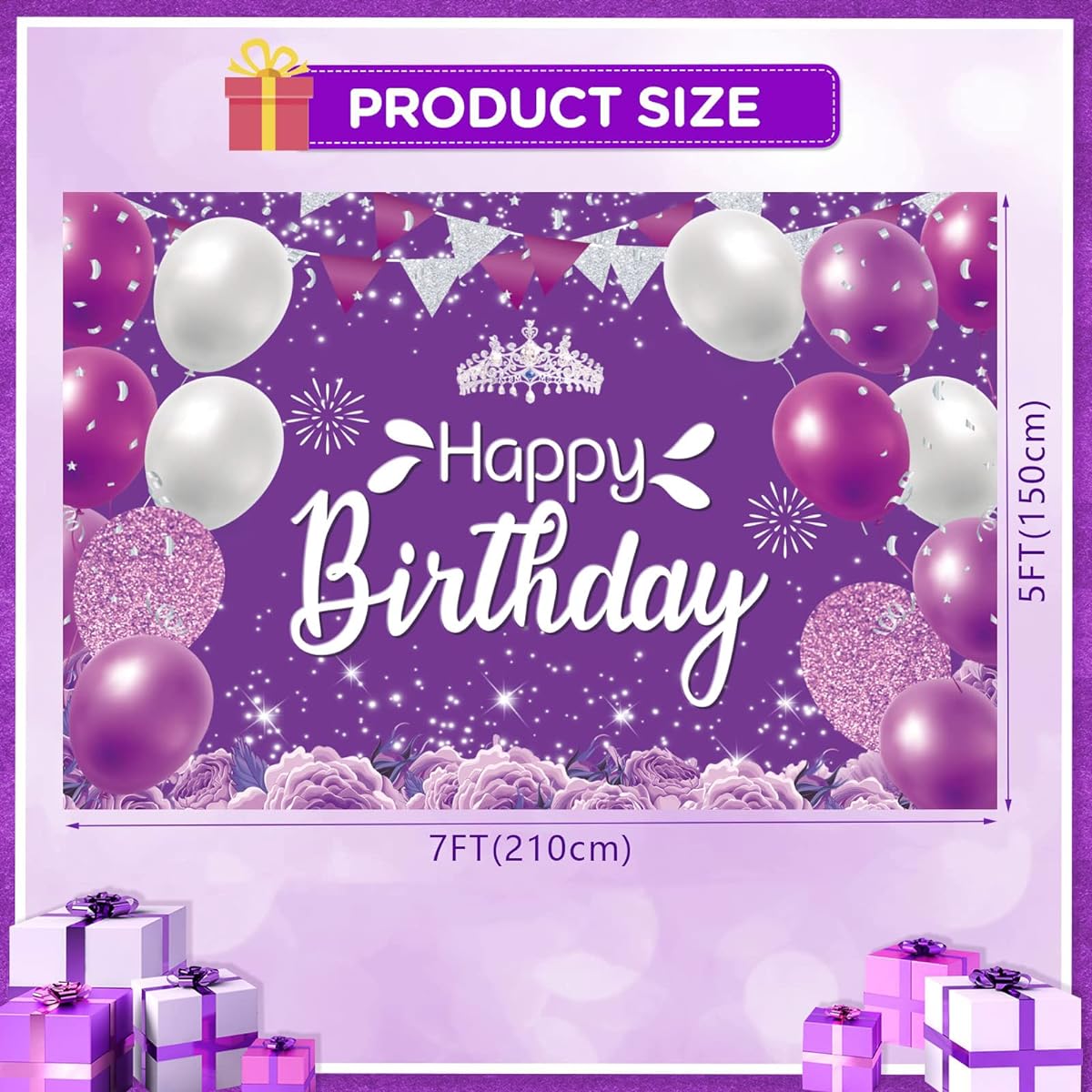 Purple Happy Birthday Backdrop Purple Silver Birthday Sign Purple Silver Birthday Party Banner Decoration Purple Silver Birthday Party Backdrop for Women Girls Birthday Party Celebration (7x5ft)