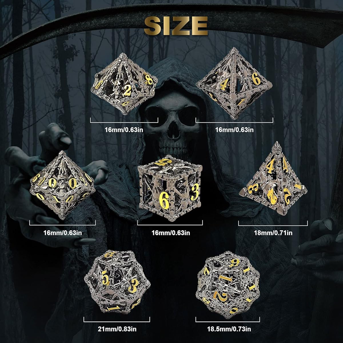 DND Dice Set Polyhedral Dice Skull Hollow Metal Dice Dungeons & Dragons Role Playing Game PCCECQEE 7 Piece Dice D&D Set Collection Gift (Black)