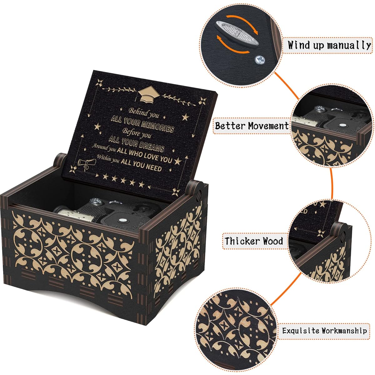 Graduation Music Box Vintage Wood Play You are My Sunshine Engraved Inspirational Present Wooden Musical Friendship College Gifts for Friends Kids Boys Girls