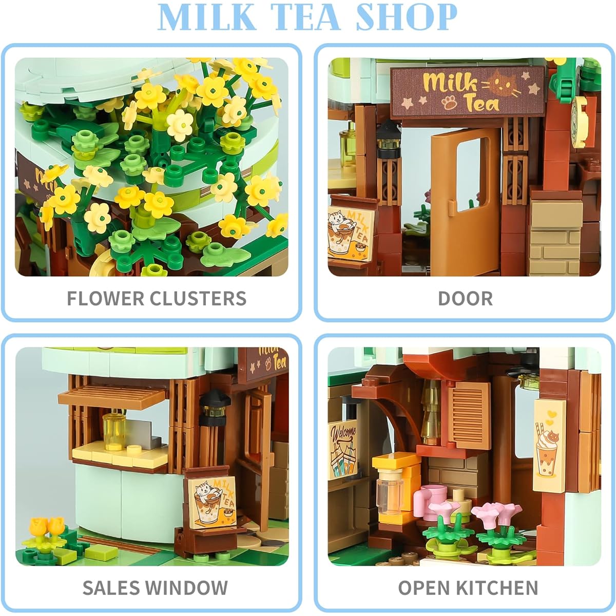 TOY PLAYER Cat Milk Tea Shop Building Set, Friends House, Creative Cute Building Kit, Lovely Cat, City Corner Building Blocks Toy, Best Gift for Kids Ages 6+