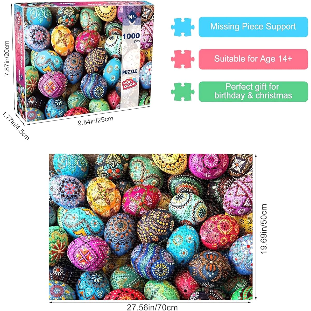 HUADADA Puzzles for Adults 1000 Piece Easter Eggs 1000 Piece Puzzle for Adults and Kids Educational Easter Egg Puzzle (27.5" x 19.7")