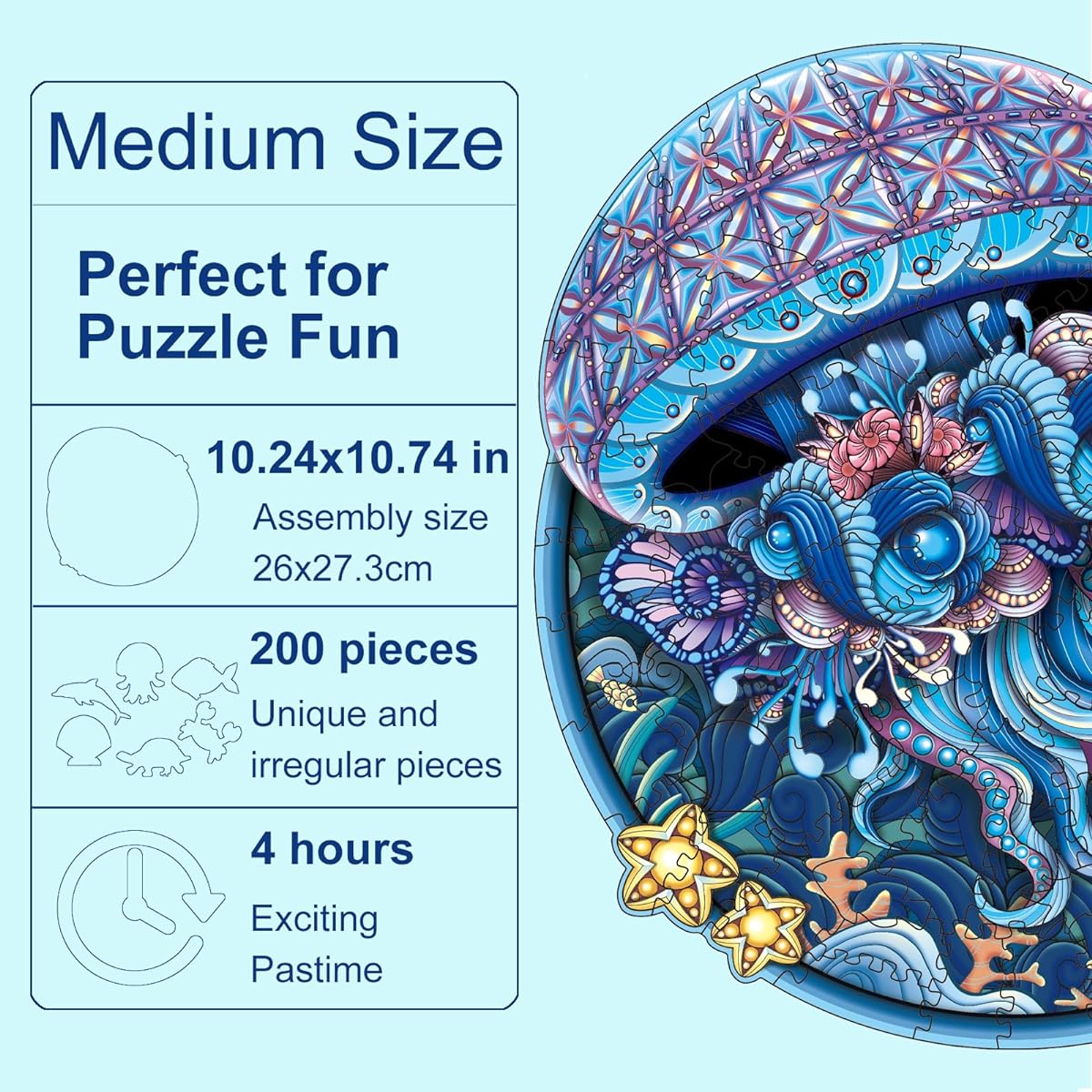 NKTDWO Wooden Puzzle for Adults 200 Piece Jellyfish Shaped Puzzle for Game Night, Unique Irregular Shaped Pieces Jigsaw Puzzle, Great for Birthdays (Jellyfish Medium)