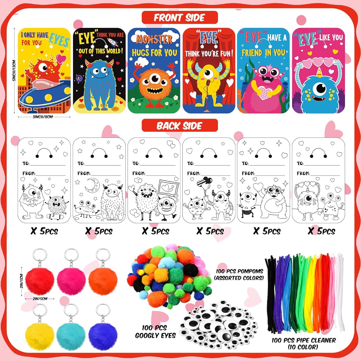 30 Pack DIY Valentine's Day Craft Kit Valentine Gift Card with Pom Poms and Keychain Valentine Pipe Cleaner Googly Eye Craft Set for Kids Classroom Replacement Gift for School Prize Party Favor