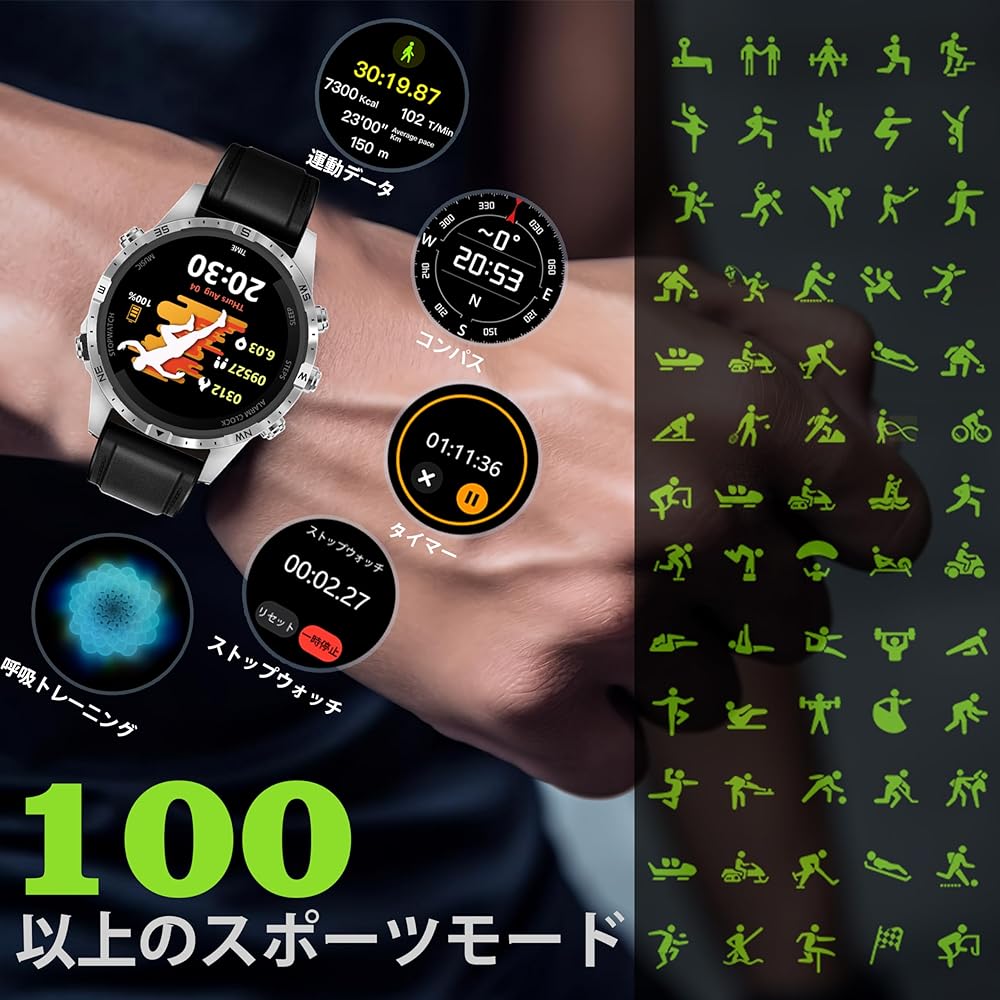 2023 Military Standard Smart Watch, Weather Forecast, UV/Barometer/Wind Speed/Humidity, Multi-functional, 1.6-inch Large Screen, Activity Tracker, Pedometer, 100+ Different Exercise Modes, Compass,