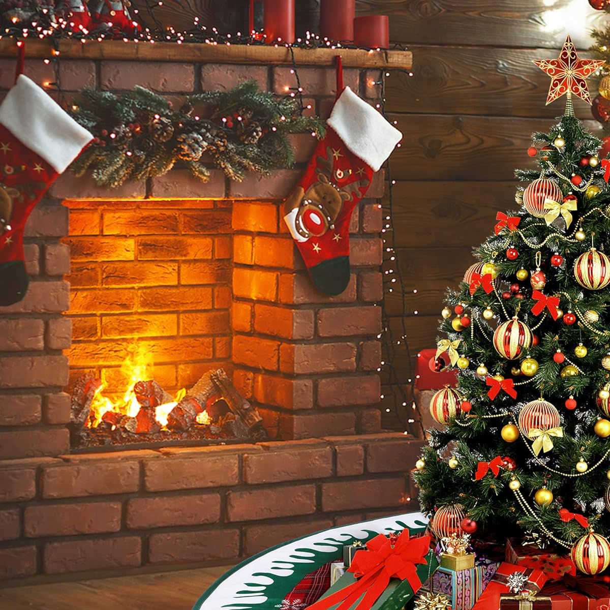 SIBOSUN Buffalo Plaid Merry Christmas Tree Skirt, 48" Red and Black Checkered Reversible Green Tree Mat for Holiday Party