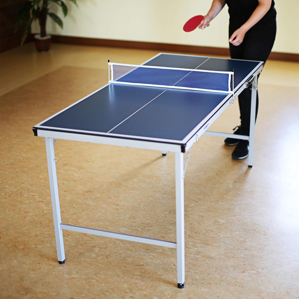 Relaxdays Midi Table Tennis Ping Pong Table, 150 x 67 x 71 cm, Folding Table for Indoor & Outdoor Use, Balls and Paddles Included, Blue