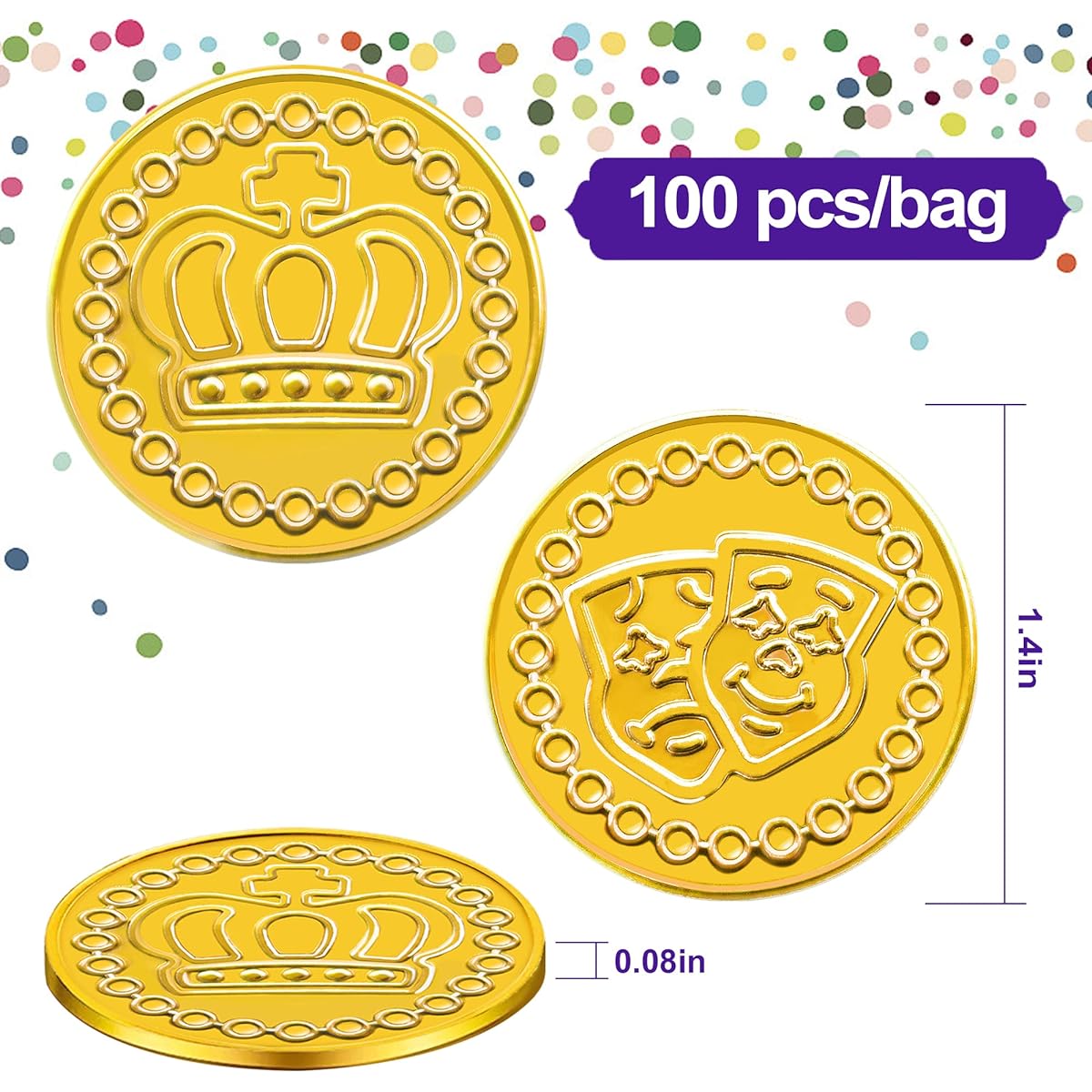 Asstd 100 Plastic Mardi Gras Coins Gold Green Purple Multicolor Coins for Mardi Gras St. Patrick's Day Parade Carnival Party Favors
