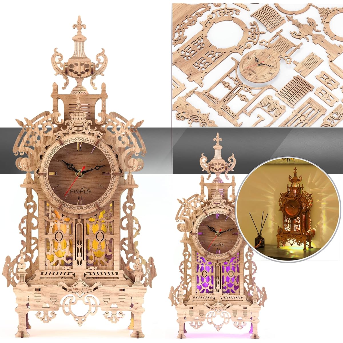 FUNPOLA LED 3D Wooden Puzzle Clock Tower Building Model Home Decor DIY 3D Puzzle Clock Kit