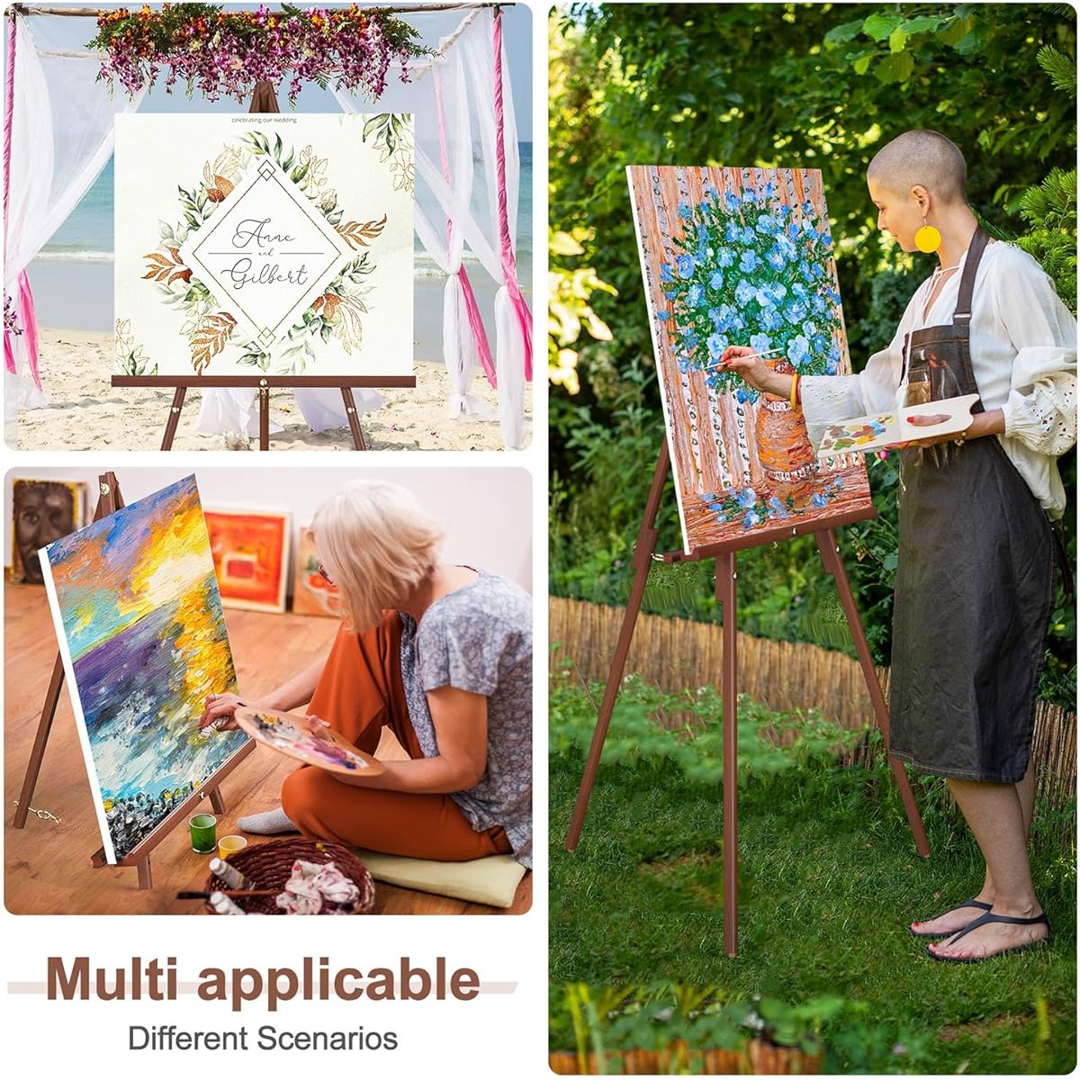 Wooden Art Easel Stand - Portable Tripod Display Artist Wooden Easel - 63 Inch Adjustable Floor Poster Stand for Wedding Art Painting Display Show Brown 2 Pack