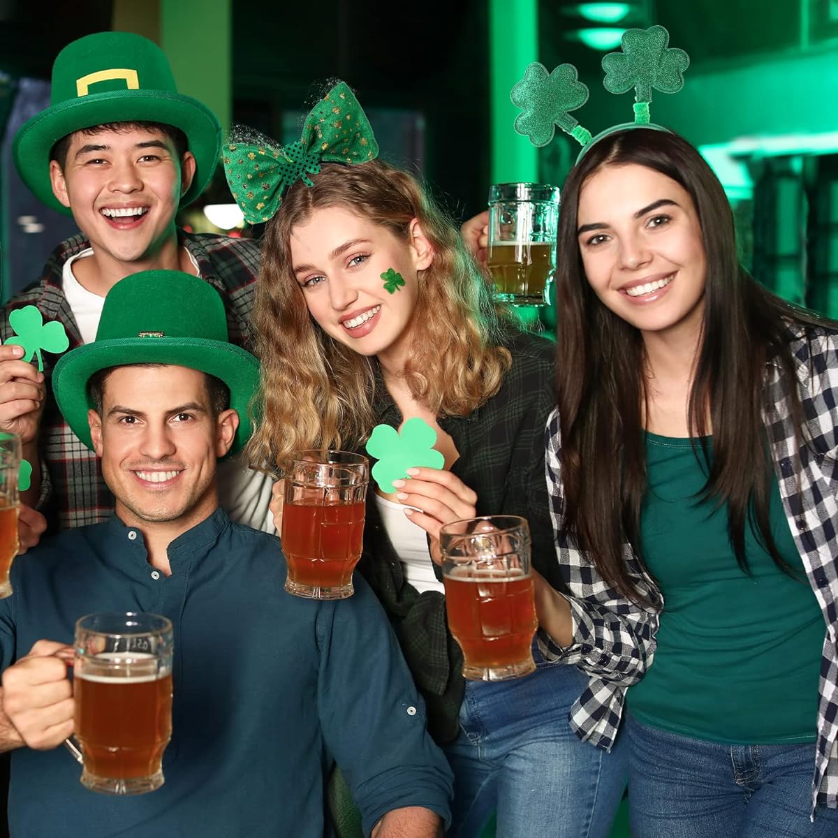 Fuyage 6 Pieces St. Patrick's Day Party Decorations Shamrock Clover Hats Headbands (with 1 Pair Hair Clips)