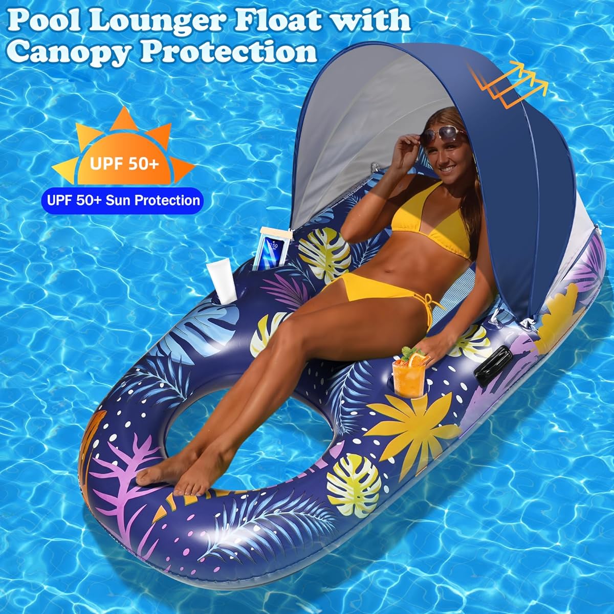 Pool Lounger Float 2-in-1 Inflatable Pool Float for Adults with Cup Holder Caddy