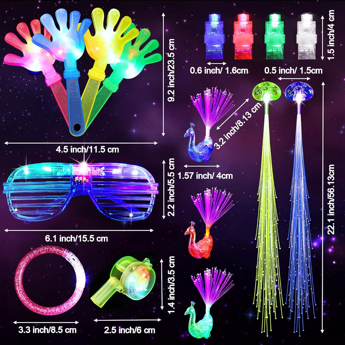 122pcs Glow in the Dark C Supplies Light Up Toys Party Supplies 12pcs Flashing Glasses LED Bracelet Flash Hair Neon Peacock Finger Light LED Whistle Luminous Hand Clapper Finger Light 50pcs Finger Light