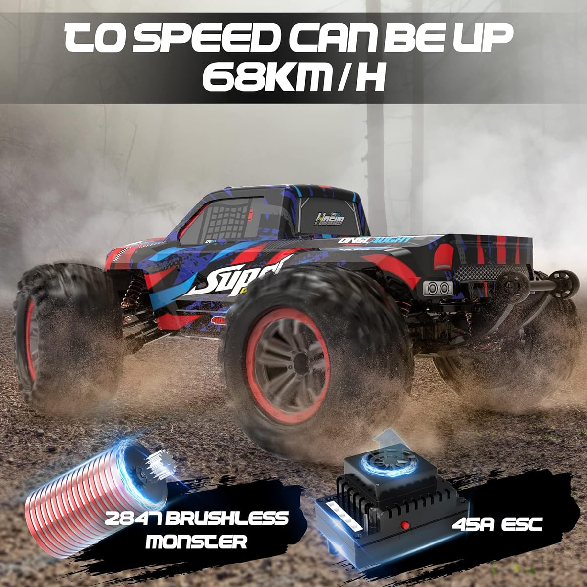 Hosim 1:10 68+ KMH Brushless RC Car High Speed Remote Control Car for Adults Boys 4X4 All Terrain Waterproof Off-Road Hobby Grade Large High Speed Racing Buggy Toy Gift Monster Truck