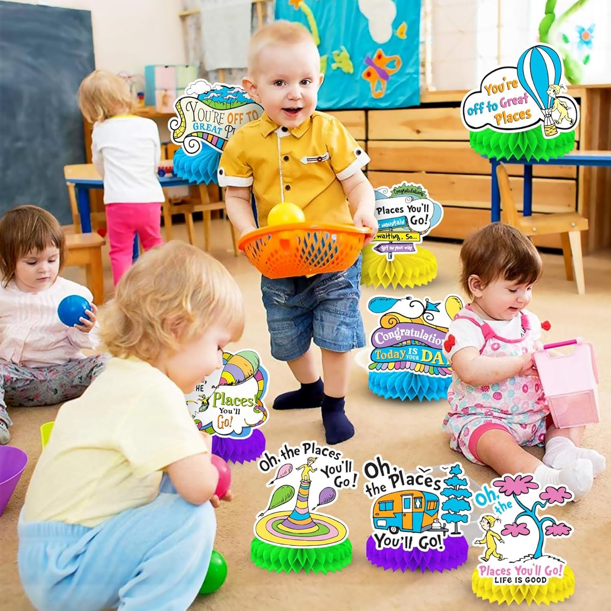 Oh The Places You'll Go Decorations 8 Pieces Themed Honeycomb Centerpieces 3D Double Sided Table Toppers Dr. Seu-ss Party Decorations Graduation Kindergarten Back to School Decorations