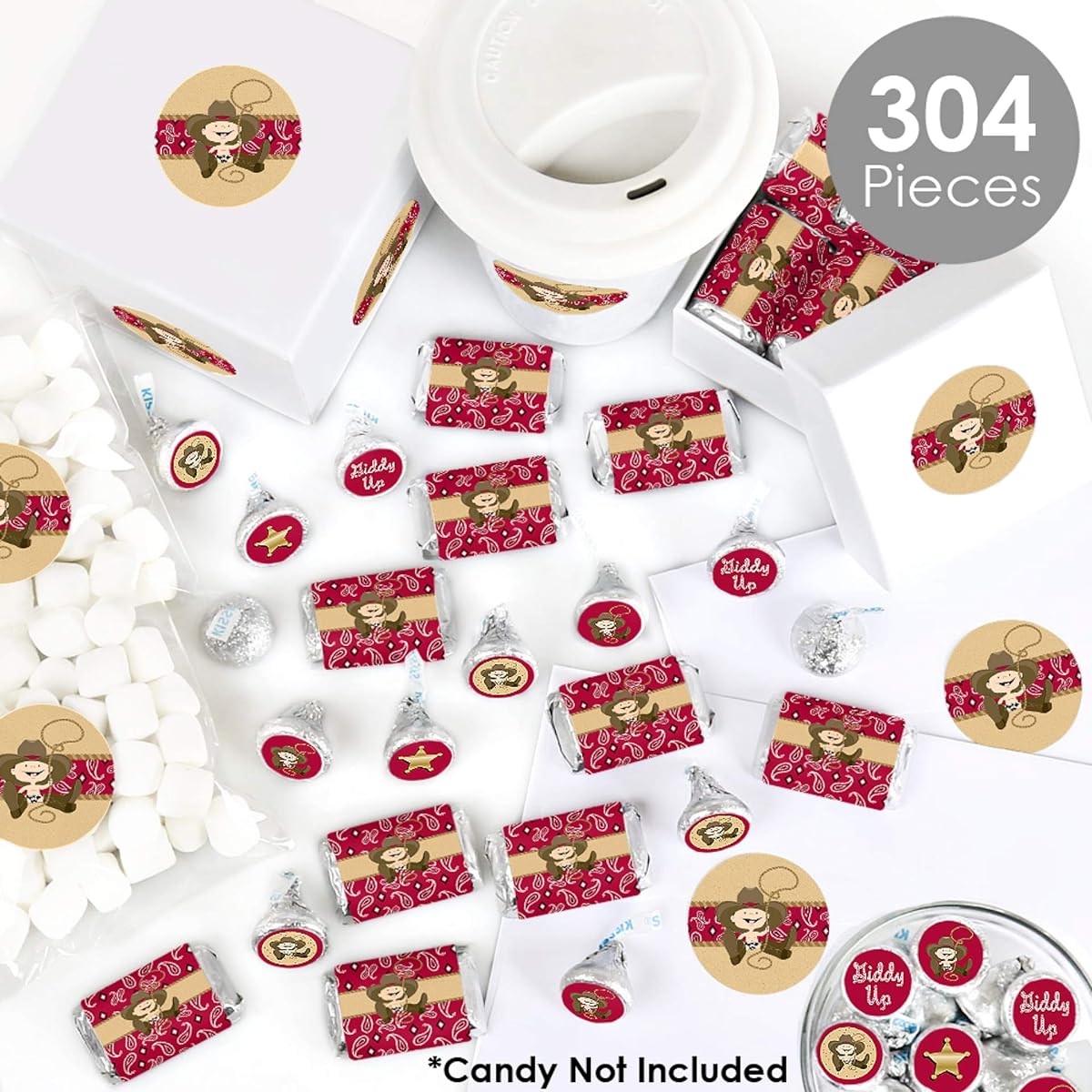 Little Cowboy - Mini Candy Bar Wrappers, Round Candy Stickers and Circle Stickers - Western Baby Shower or Birthday Party Candy Favors Sticker Kit - 304 Pieces