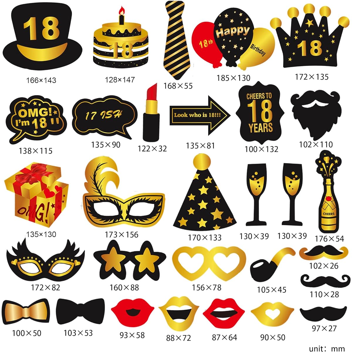 DWDZLXZ 30 Pieces Birthday Photo Booth Props Kit DIY Funny 30th Black & Gold Birthday Photo Props Set Decorations for Her and Him with Sticks Birthday Party Supplies for Girls and Boys (18th)