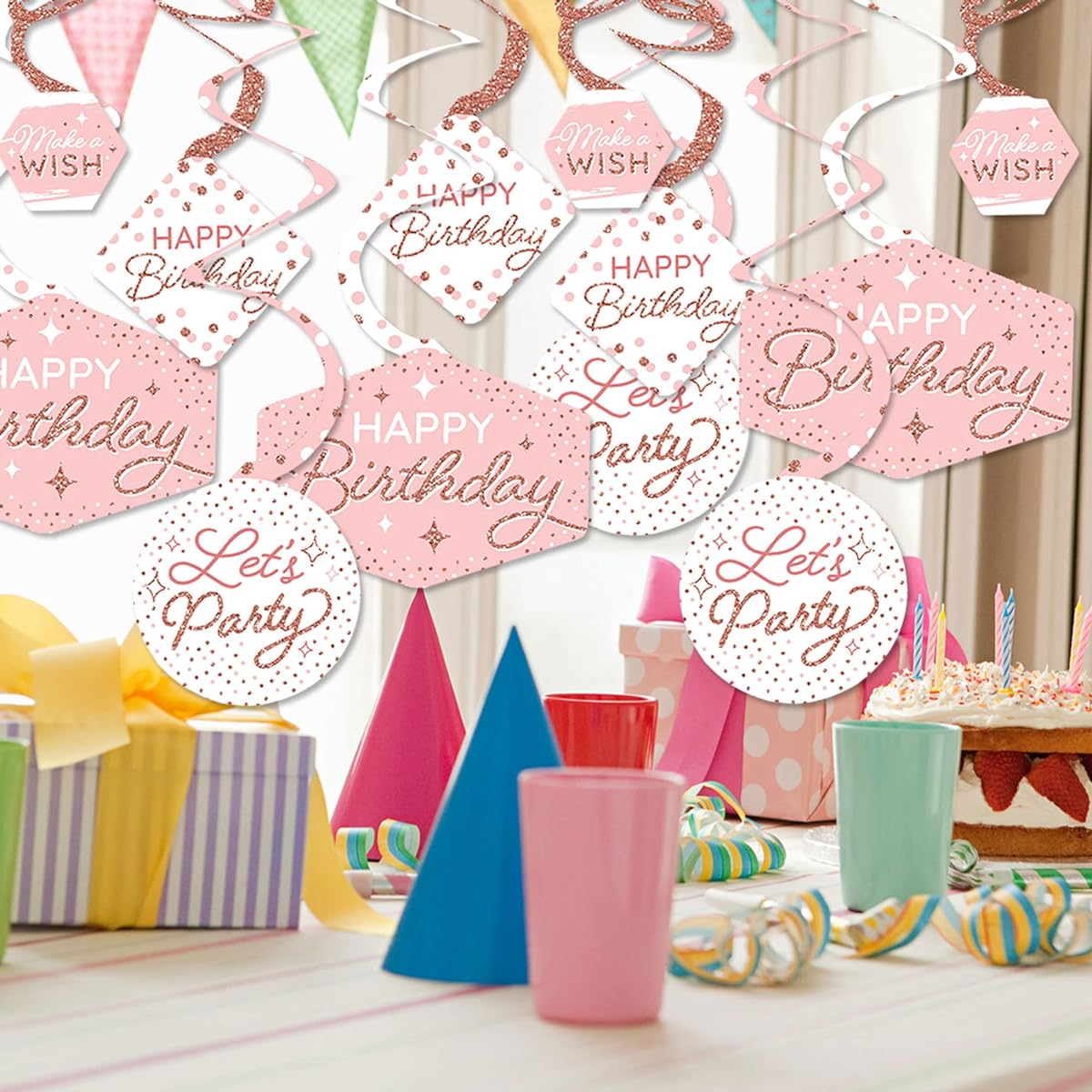 Happy Big Polka Dot Pink Rose Gold Birthday - Happy Birthday Party Hanging Decorations - Party Decoration Swirls - Set of 40