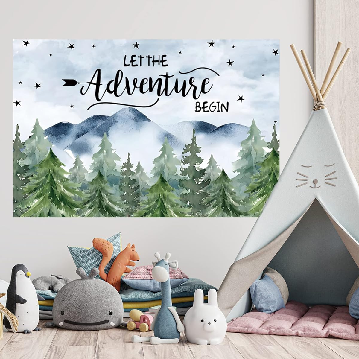 Baocicco 7x5ft Adventure Awaits Baby Shower Backdrop Let the Adventure Begin Pine Trees Mountains Stars Background Wilderness Forest Adventure Camper Birthday Party Banner Supplies