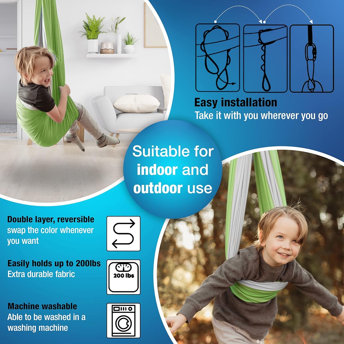 Sensory Swing + 360° Rotating Hanger, Double Layer Indoor + Outdoor Swing, Hanging Pod Chair for Kids, Sensory Disabilities, Autism, ADHD, Anxiety, Therapy Swing, Pod Swing Chair (Green/Gray)