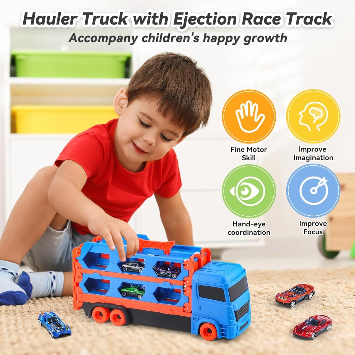 Toys for Toddlers Portable Race Track Truck Toy Cars with 12 Race Cars for Boys Ages 2 3 4 5 6 Best Gift Carrier Truck Vehicle Toy Set for Kids