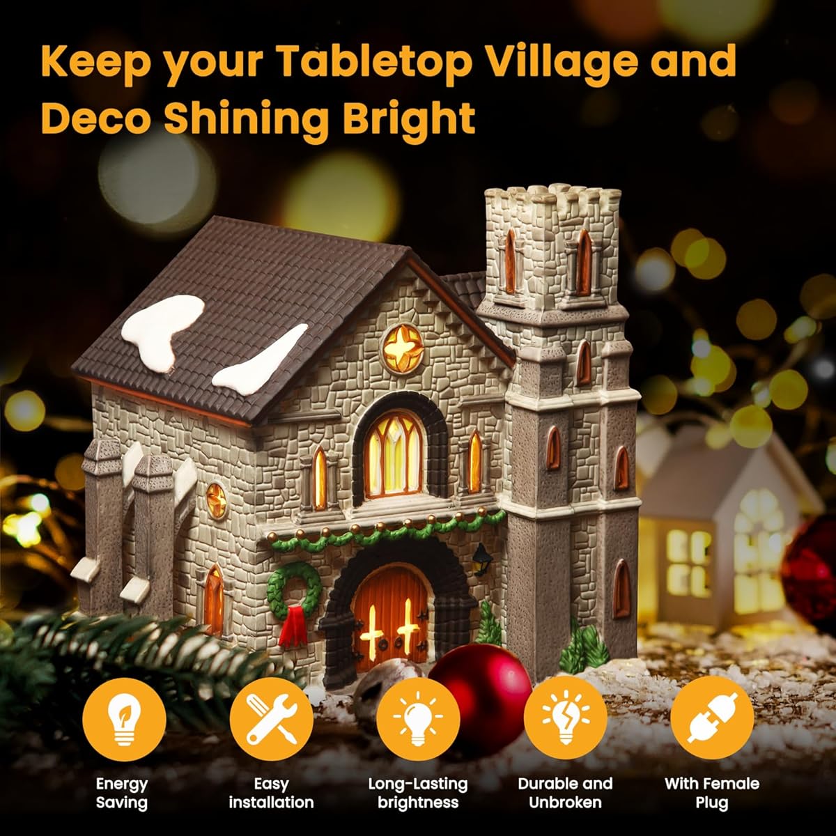 JOZDAUP Lighting System 3.3ft Green Accessory Cord with 1 LED C7 Spare Fuse Bulb, Pack of 4 Blowout Lights with Outlets and Plugs, Great for Halloween, Christmas, Village, Homemade Craft Decorations