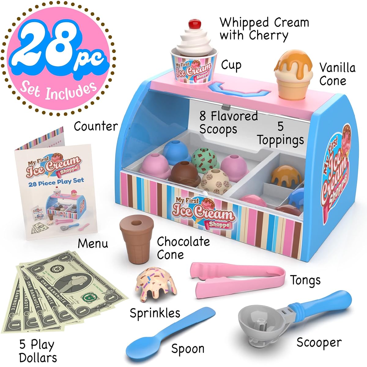 Ice Cream Counter Playset for Kids Pretend Play (28 Pieces) Perfect for Scooping and Serving Food for Girls and Boys Ages 3 4 5 6 Toddler Toys