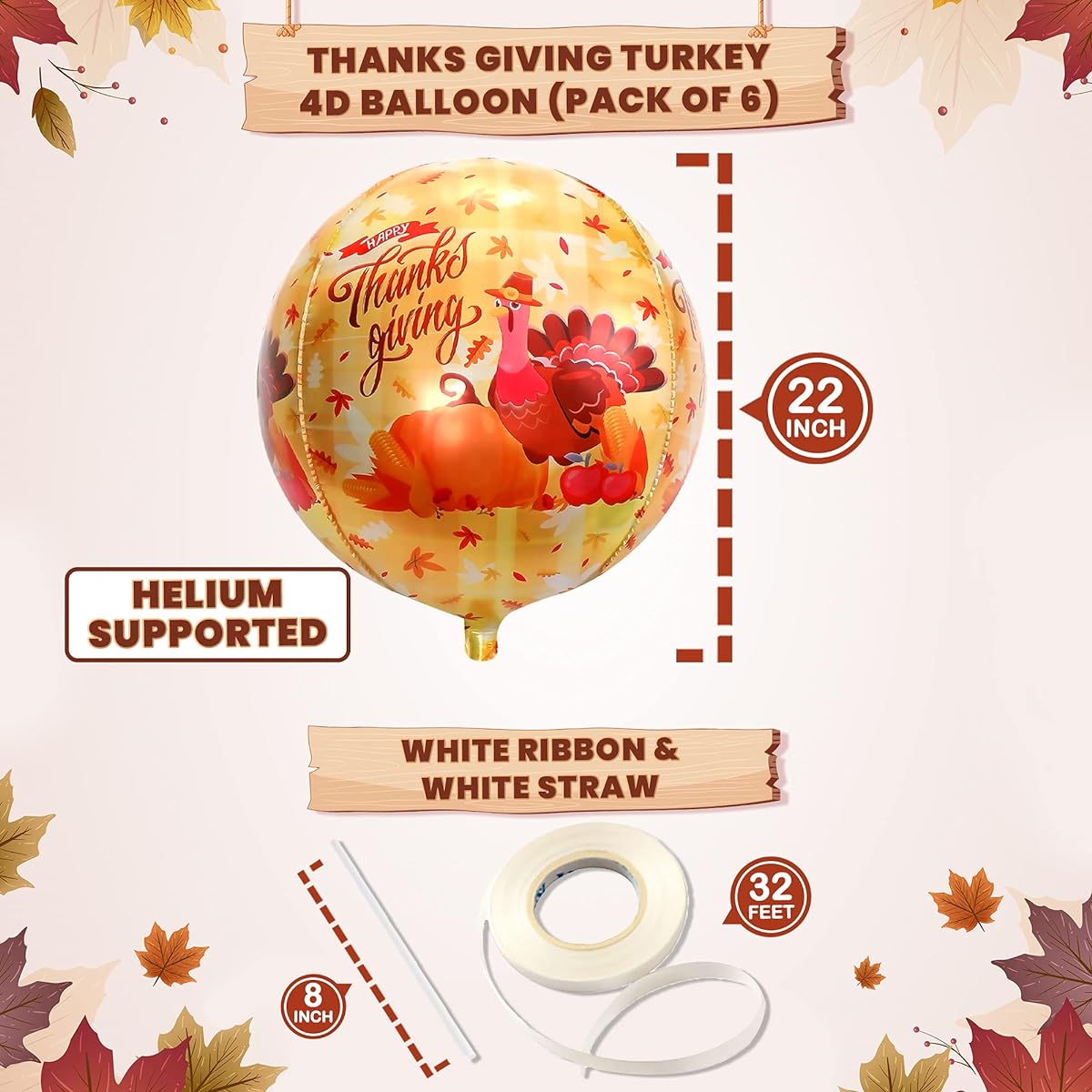 Large Turkey Mylar Balloons for Thanksgiving Decorations - 22 Inch 6 Pack | Thanksgiving Foil Balloons for Fall Fall Decorations | Turkey Balloons with Maple Leaf | Pilgrim Turkey Decorations