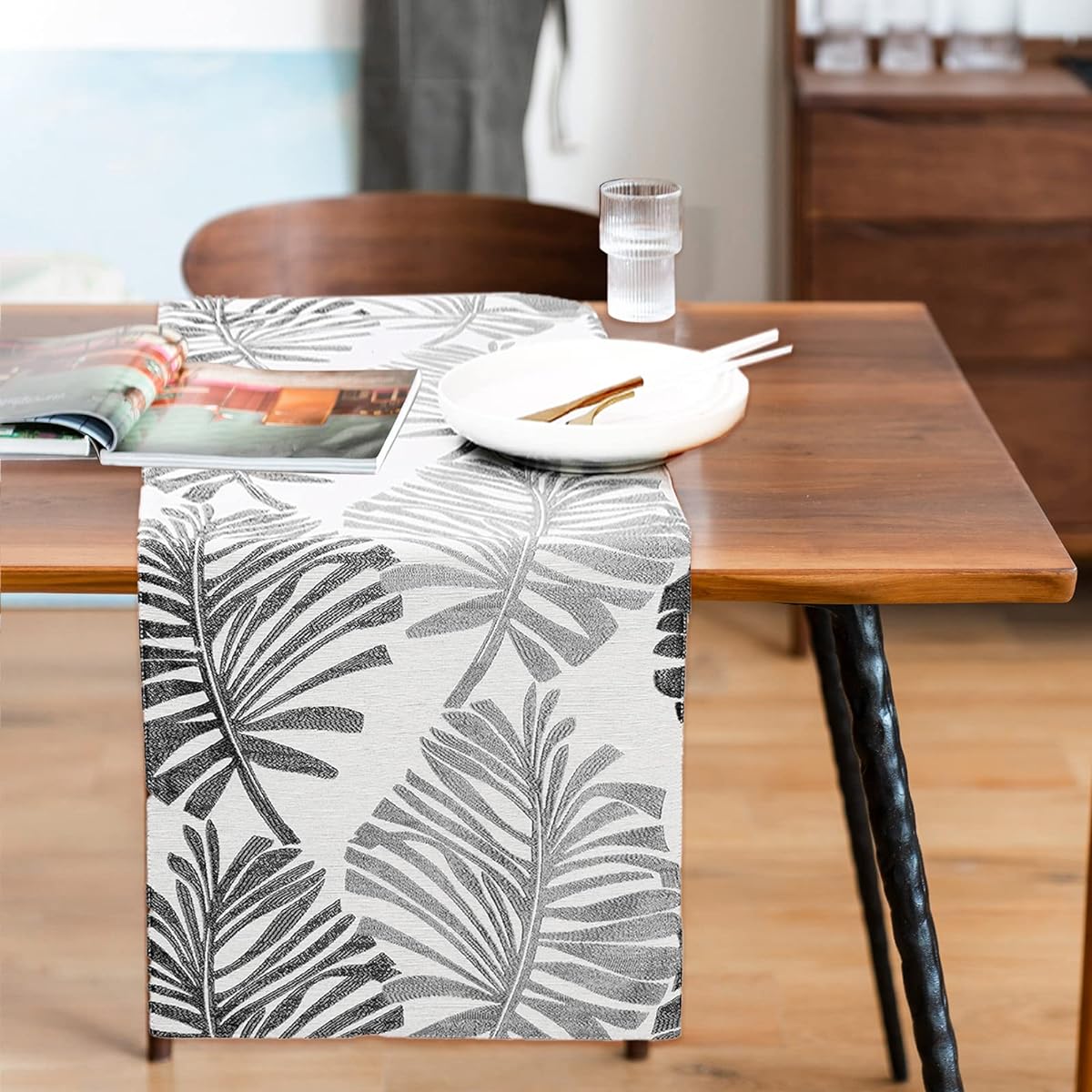 Leaf Table Runner, Double Sided Reversible Polyester Leaf Table Runner for Dining, Kitchen, Holiday, Wedding Party (Dark Gray, 12x70 Inches)