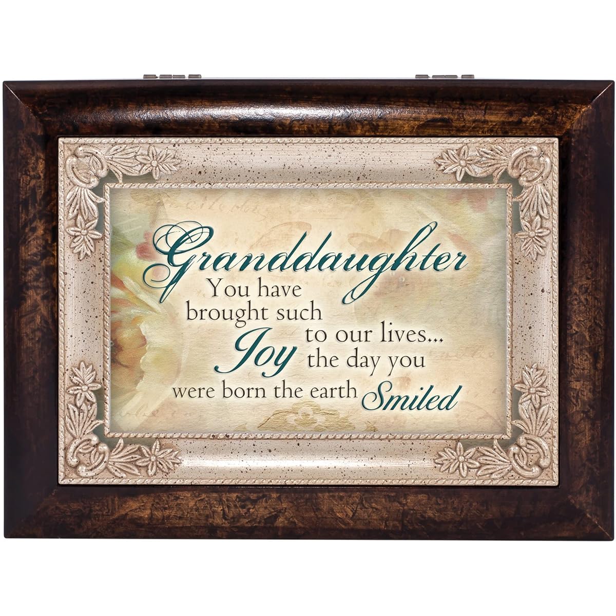 Granddaughter Joy to Our Lives Dark Wood Finish Jewellery Music Box Plays Tune Amazing Grace