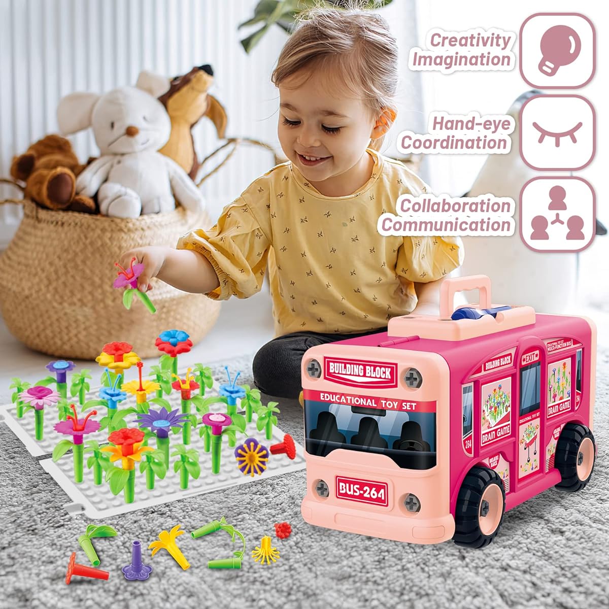 deAO Bus Toy Flower Garden Building Toy for Girls Age 3 4 5 6,105 Pieces Storage Bus Car Toy STEM Toy Gardening Pretend Play Gift