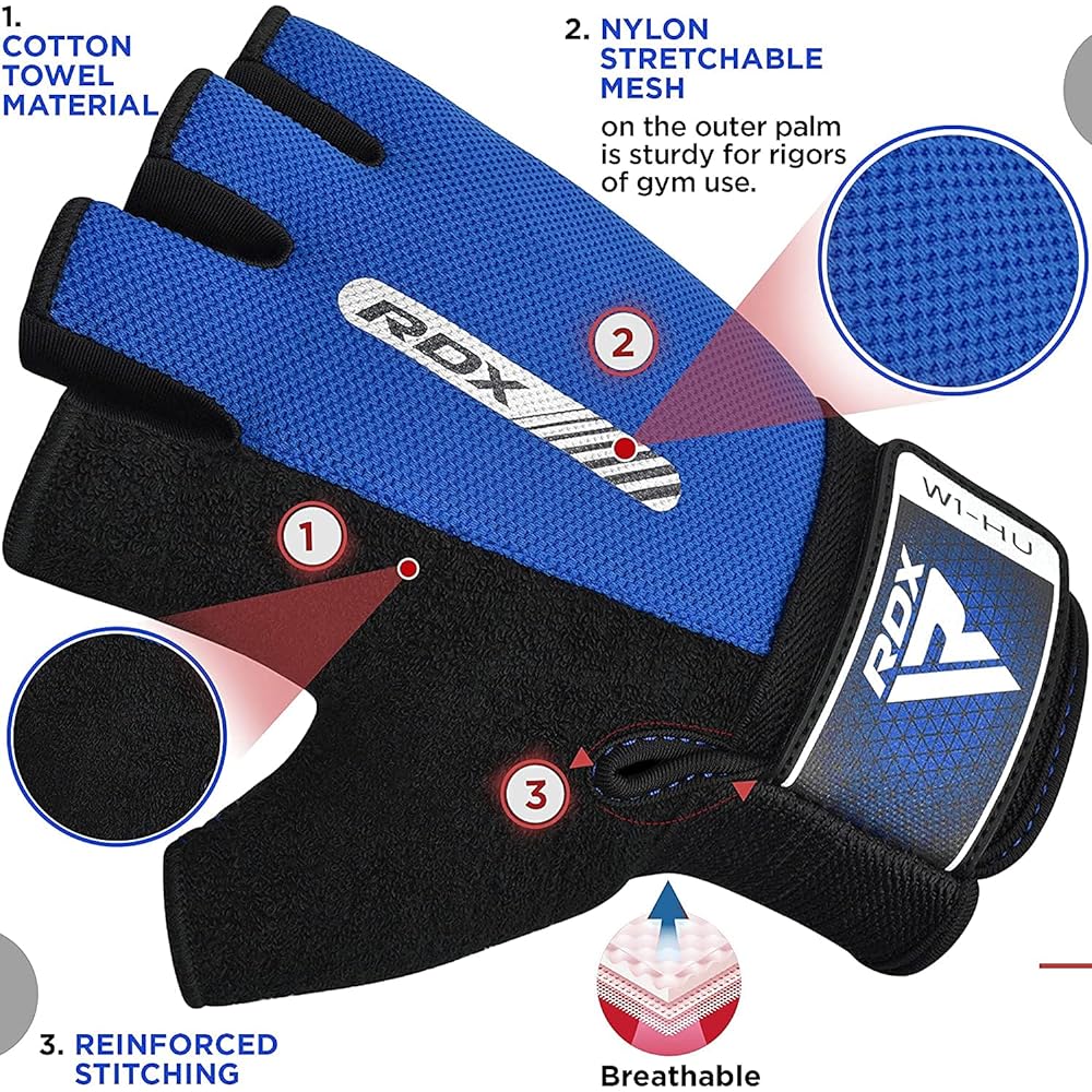 RDX Weightlifting Gloves Gym Fitness Workout with Anti-Slip Pad Full Palm Protection Ultra Breathable Bodybuilding Strength Training HIIT WOD Exercise Half Finger Men Women Cycling Rowing Climbing (Blue, Small)
