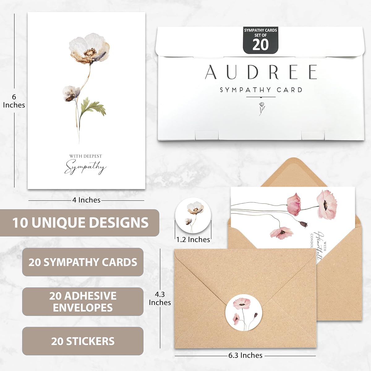AUDREE Sympathy Cards - Sympathy Note Card Set (Bulk Pack of 20 4x6) v1