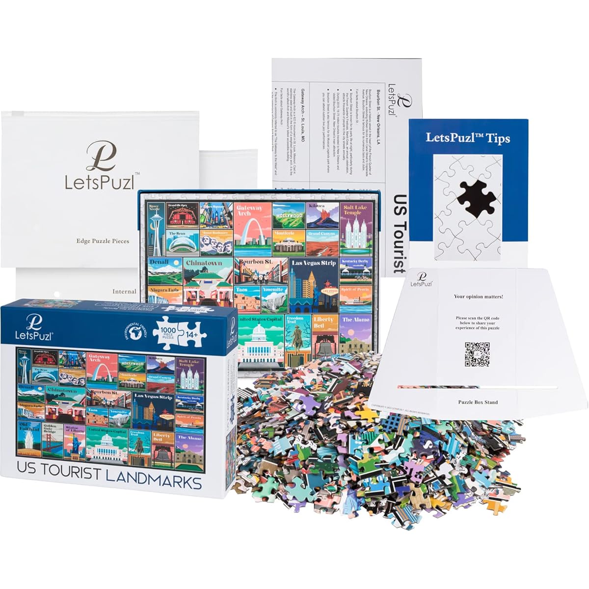 LetsPuzl United States Tourism Landmarks Jigsaw Puzzle - 1000 Piece Puzzle for Adults Travel Puzzle/Awesome Jigsaw Puzzle for Adults 1000+ Pieces/20" x 27"/4 Fun Bonus Items