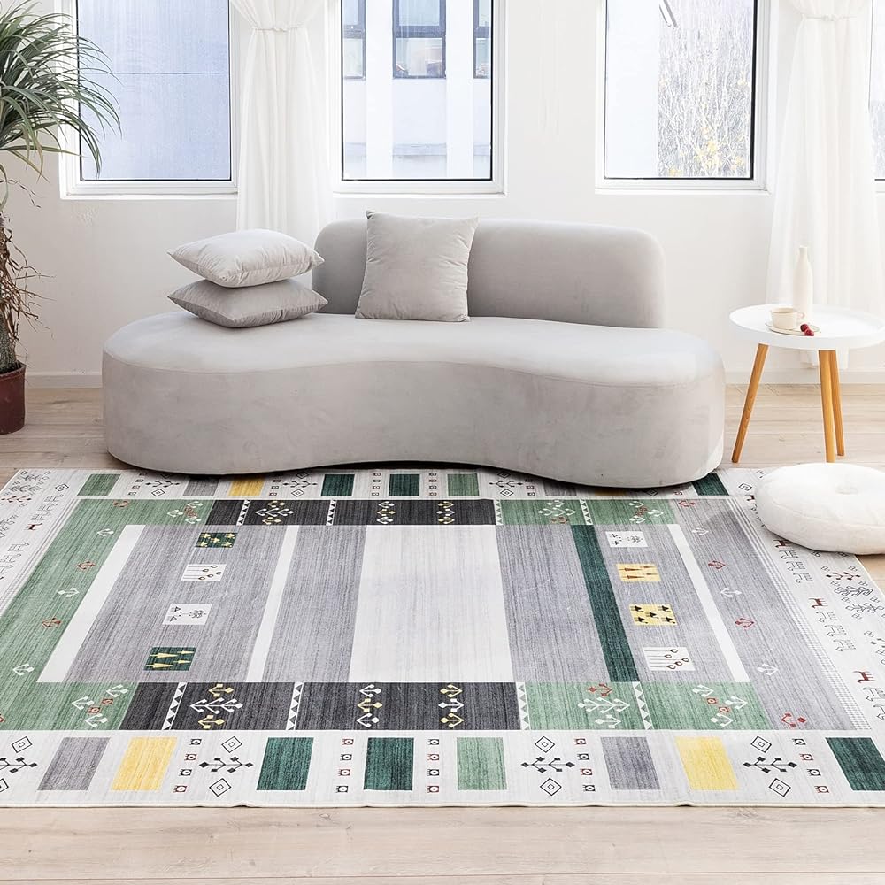 DECOMALL Carpet, 3 Tatami Mat Rug, Scandinavian Style, Stylish, 200X250CM, Washable, Fluffy, Memory Foam, All Seasons, Anti-Slip, Dust Mite Resistant, Odor Resistant, Gabbeh Pattern Carpet, Green, Compatible with Underfloor Heating