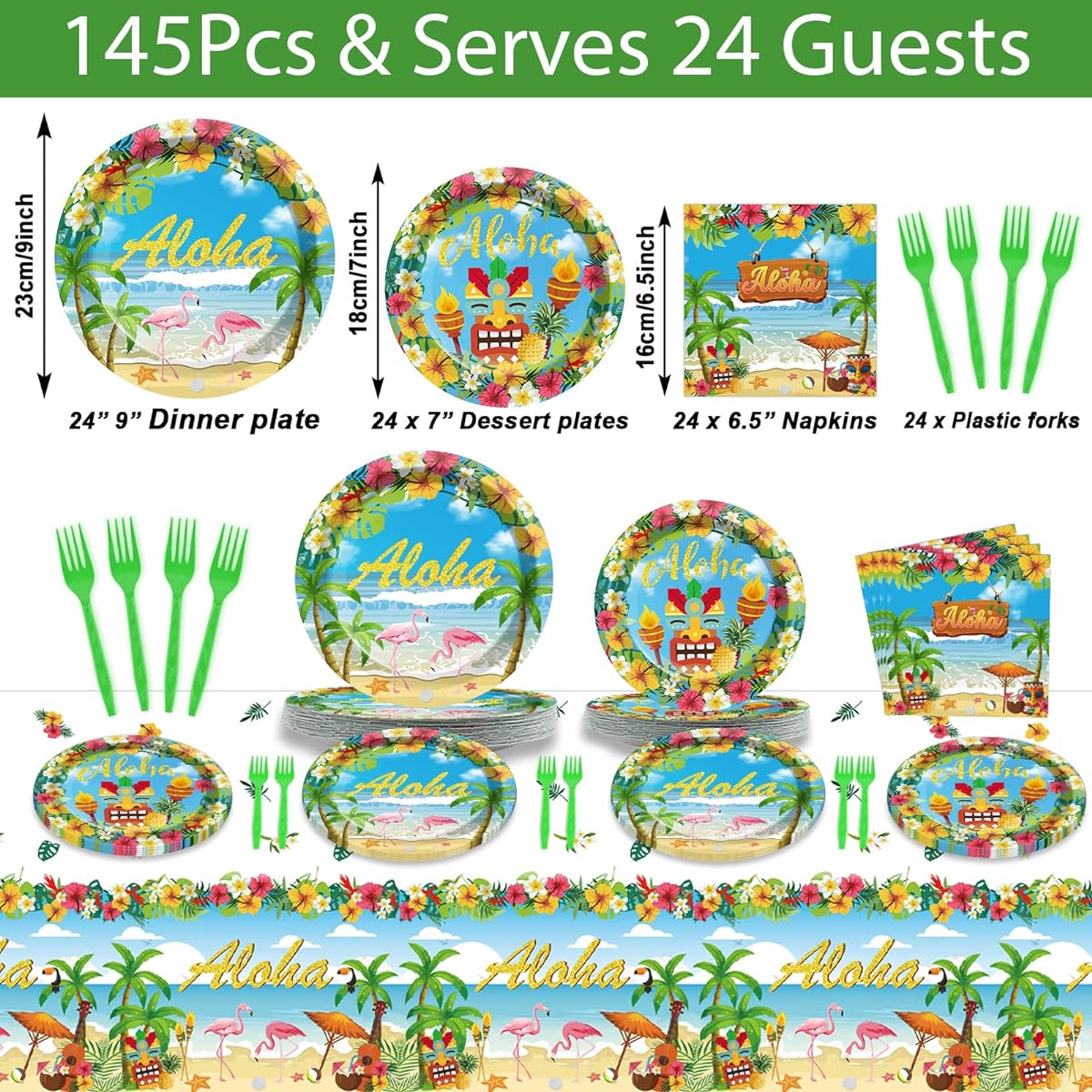 143 Piece Hawaiian Aloha Party Decorations Luau Tropical Party Tableware Set with Aloha Tableware for 24 Guests Plates Napkins Banner Toppers Swirls Cards Beach Theme Birthday Party Favors