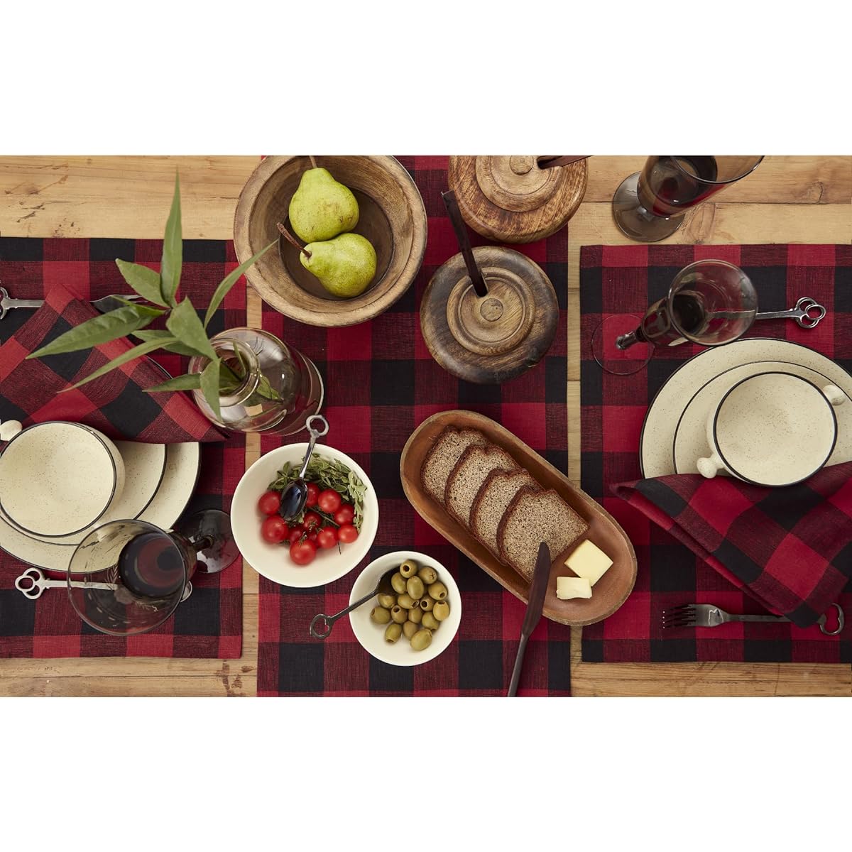 Solino Home Buffalo Check Linen Table Runner - 100% Pure Linen 14 x 120 Inches Plaid Table Runner for Indoor/Outdoor/Parties/Events - Red and Black Handcrafted from European Flax