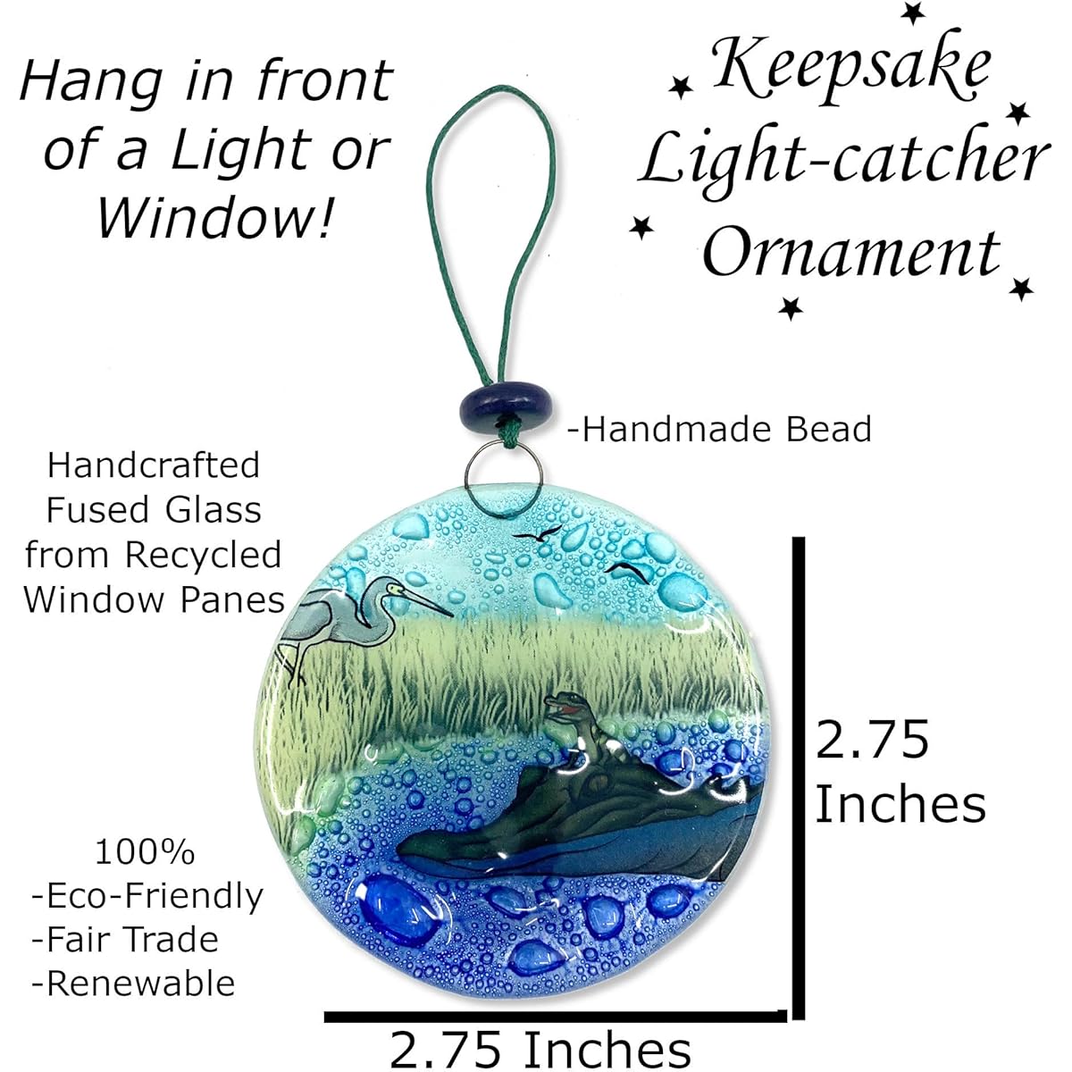Ruth's Ethical Goods Alligator Swamp Christmas Tree Ornament Art Glass Light Catcher