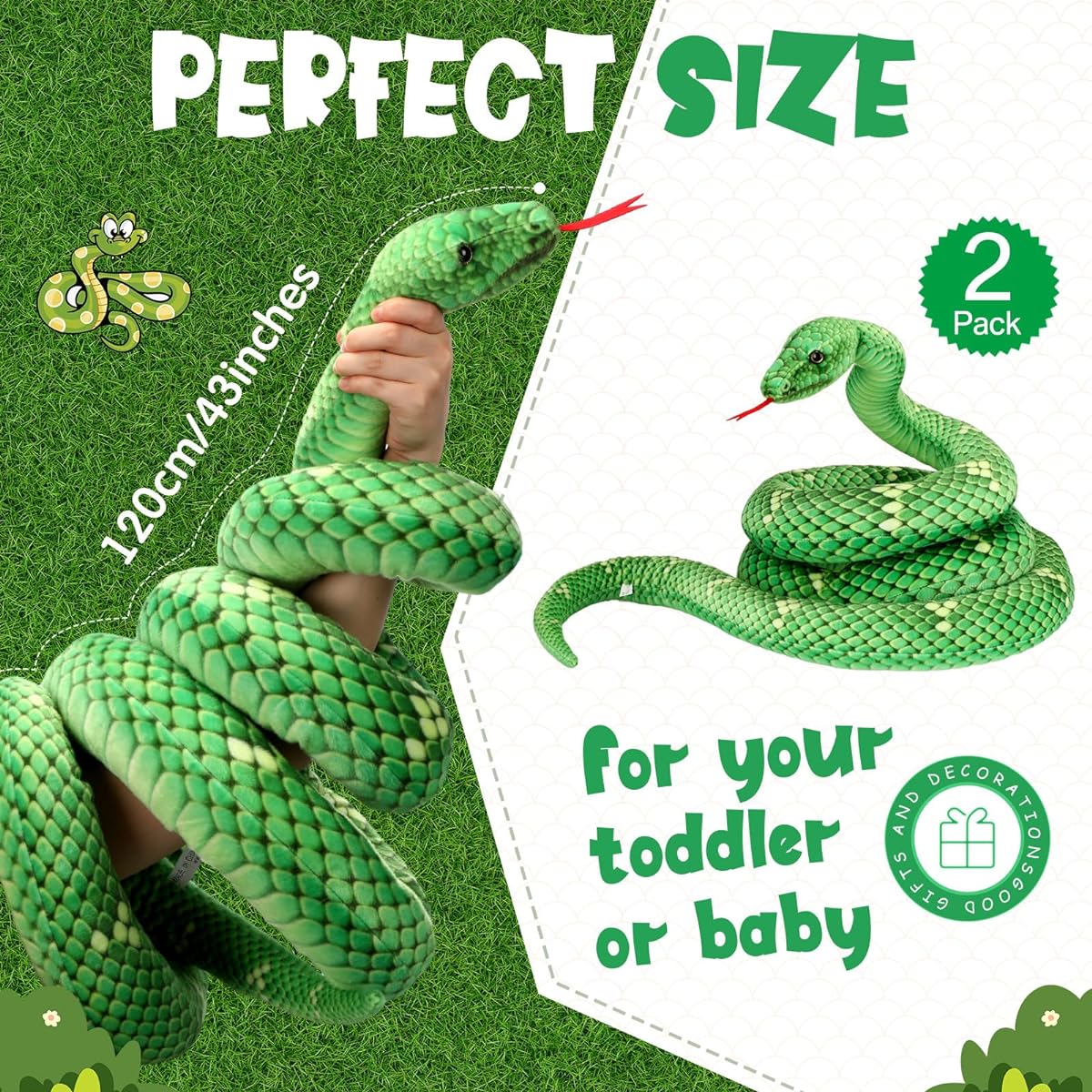 Hiboom Giant Snake Plush Toy, 110 Inch Large Stuffed Animal Snake Lifelike Plush Snake Toy Gift for Birthday Party Prank Props
